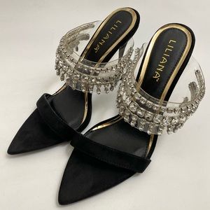 Liliana Black Embellished Rhinestone Pumps Heels Stiletto 8.5 Open Toe Slip on